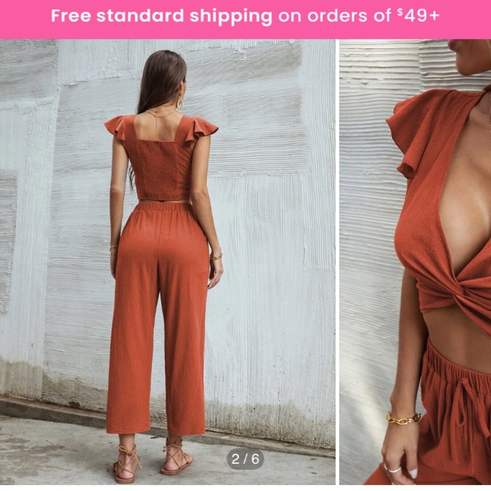 Ruffle Trim Twist Top With Pants